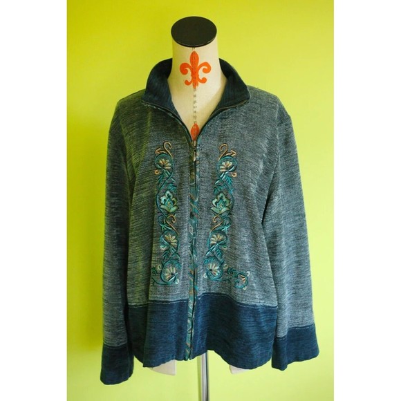 T & Company Sweaters - T & COMPANY Sz XL Womens Acrylic Embroidered Lounge Jacket Blazer Full Zip Blue